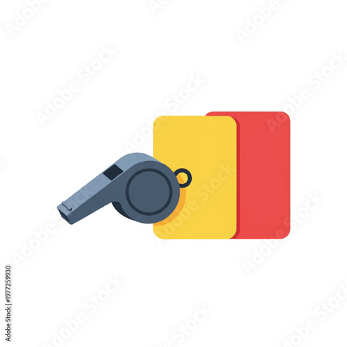 A professional whistle, a yellow card, and a red card neatly arranged on a clean surface. Studio lighting, authoritative and fair mood. flat vector illustration, solid flat block colors,