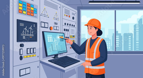 Engineer in orange vest working on computer.