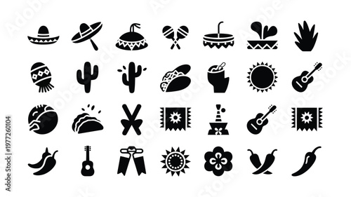 Set of 30 black and white mexican culture icons including sombreros maracas cacti tacos guitars and chili peppers