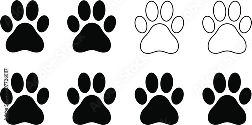 Dog and Cat Paw Print Vector Icon Set Featuring Black Silhouette and Outline Designs for Pet Care Services, Branding, and Animal Themed Graphics