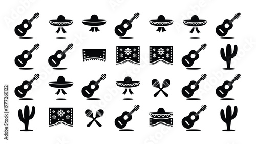 Collection of vector icons featuring cacti guitars maracas sombreros and traditional blankets in monochromatic black and white style