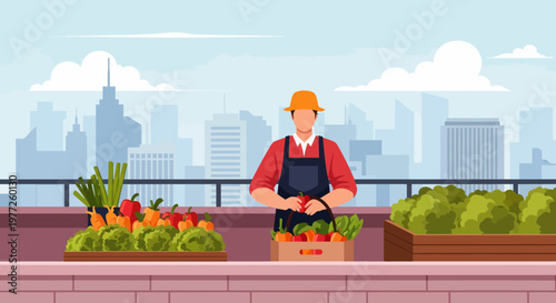 Farmer harvesting fresh produce on rooftop garden.