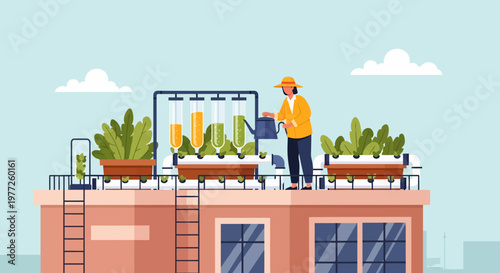 Farmer Tending Plants on Rooftop Garden.