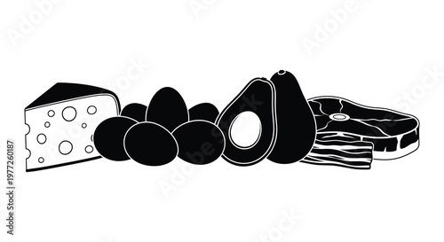 Assortment of foods including cheese avocado and steak black silhouette