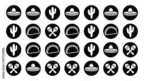 Round icons featuring tacos cacti maracas sombreros and crossed forks and knives in a clean vector style