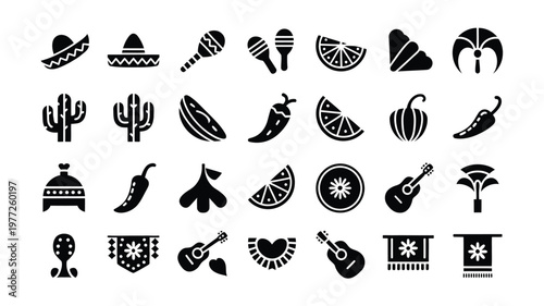 Minimalist black silhouette icons of cultural symbols including sombreros maracas chili peppers cacti and musical instruments arranged in a clean modern design