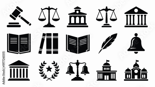 Black silhouette icons of justice law and legal symbols including scales gavel books and courthouse buildings