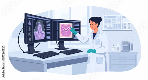 Female Doctor Analyzing Medical Images on Computer.