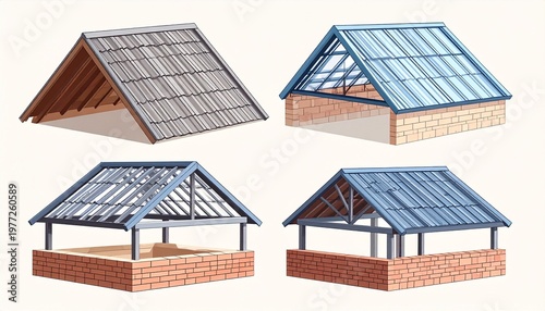 Set of gable roof structures with exposed trusses and metal sheets, architectural construction stages on brick base, isolated illustration