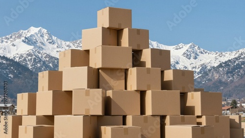 Pile of brown cardboard boxes stacked high with snow-capped mountains in the background under a clear blue sky.