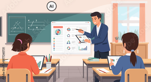 Male Teacher Educating Female Students in Classroom.