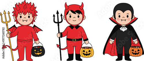 Cute Halloween kids in devil and vampire costumes holding pumpkin buckets in flat vector style, festive trick or treat characters isolated on white background