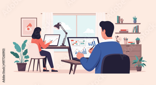 Man and woman working on graphic design.