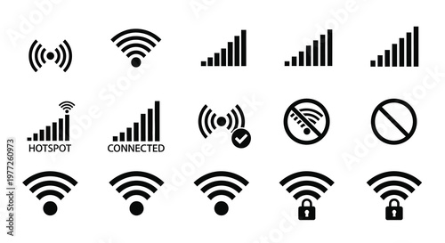 Various black wifi signal strength icons and network symbols silhouette