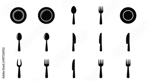 Black flatware and dinnerware icons arranged in a grid silhouette