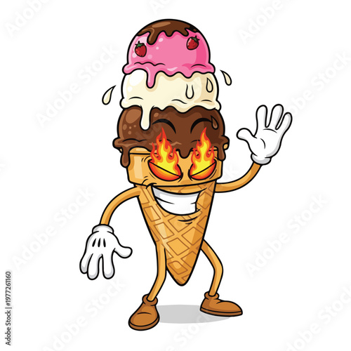 Ice Cream Cone Character with Flaming Eyes and Smile