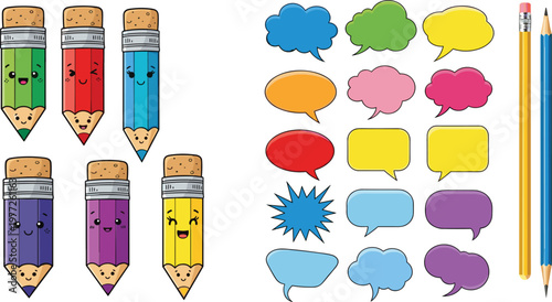 Принти на полотні Cute pencil characters and colorful speech bubbles set, cartoon stationery illus