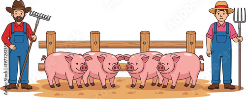 Farmers with pigs illustration, cartoon farm animals and agriculture workers, rural farming scene with livestock, barnyard concept for agriculture, countryside and livestock breeding themes