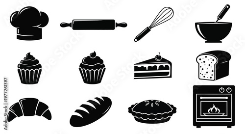 Black silhouettes of baking tools pastries and oven items silhouette