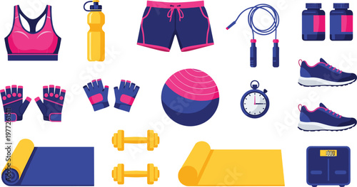 Fitness equipment and sportswear collection with dumbbells yoga mats shoes and accessories in flat vector style, workout lifestyle elements isolated on white background