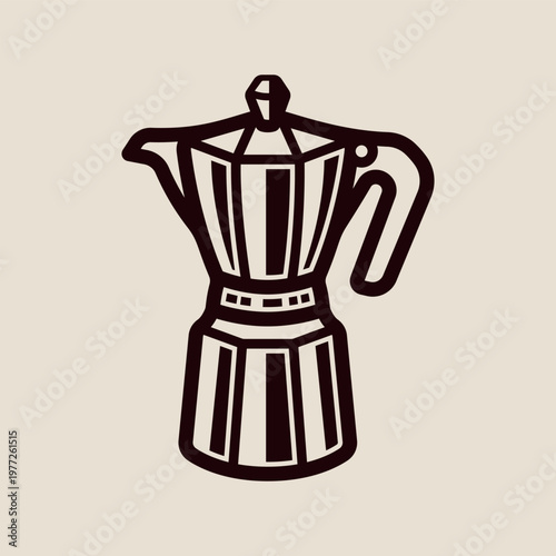 Moka pot coffee maker vector illustration in minimal style. Classic stovetop espresso brewer isolated on light background, perfect for cafe branding and kitchen design