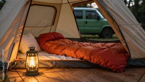 Warmly lit tent interior with sleeping bag and lantern on wooden deck.