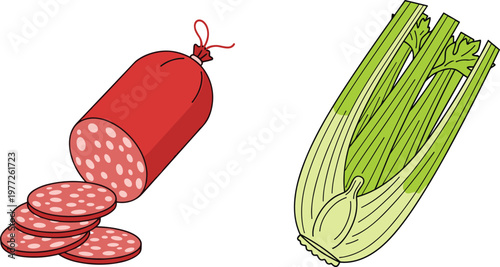 Food Ingredient Illustration Set with Salami Sausage and Celery Vegetable for Cooking Kitchen and Healthy Meal Design Collection