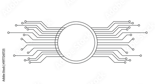 Circuit board network connection node with lines and dots representing digital data transmission