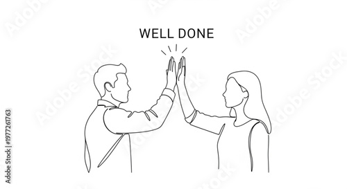 Minimalist Line Art Illustration of Man and Woman Giving High Five with "Well Done" Message
