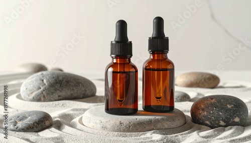 Two amber glass dropper bottles with essential oils sit on a zen garden sand bed with smooth river stones
