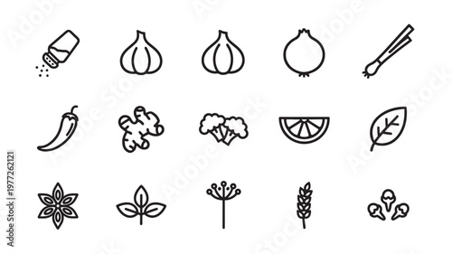 Spices and herbs icon set with ingredients for cooking and seasoning food, including garlic, onion, and chili