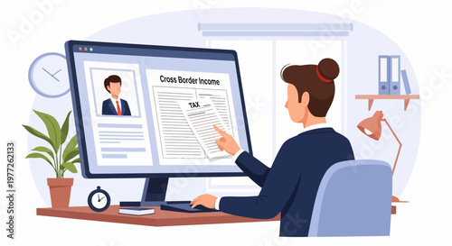 Woman reviewing resume on computer screen.