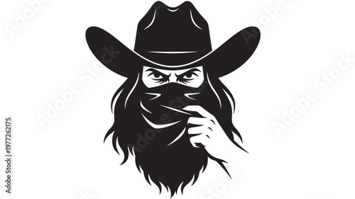 Cowboy with bandana and hat, featuring a fierce stare and long hair, rendered in stark black and white stencil style.
