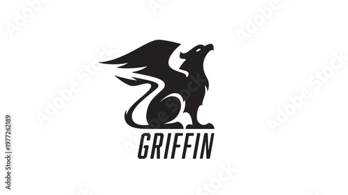Griffin mythological creature with large wings and a majestic pose, black silhouette logo. featuring eagle, lion, fantasy with mythical beast and