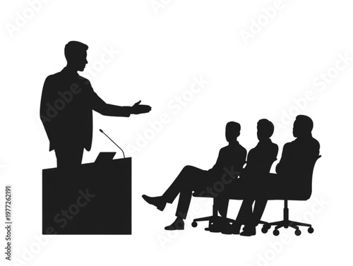 Silhouette of a public speaker at podium, addressing a professional audience during a business conference