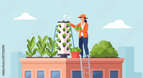 Woman Tending to Vertical Garden on Rooftop.