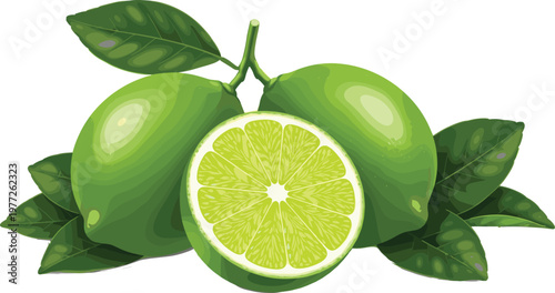 Fresh lime fruit illustration with leaves, realistic green citrus slice and whole limes, juicy organic food design for healthy eating, beverages, summer and tropical themes