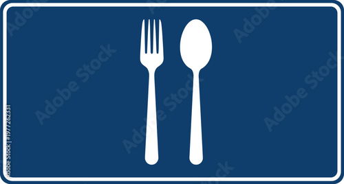 Restaurant Sign Icon with Fork and Spoon in Blue Background Representing Dining, Food Service, Cafe, and Hospitality Design Elements
