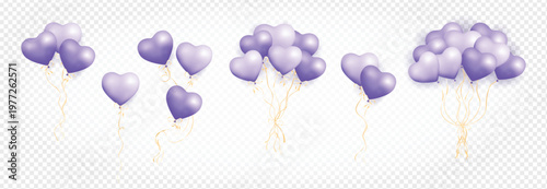 Realistic heart shaped purple air balloons set isolated on transparent background. Bunch of pastel helium balloons. Set of One, two, three, six and nine 3D heart shaped air balloons