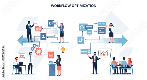 Illustrations depicting workflow optimization with people collaborating and analyzing data in a business setting.