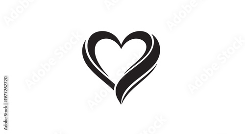 Minimal black love emblem, artistic heart shape made of smooth abstract curves, sophisticated premium logo style, clean vector illustration, isolated background