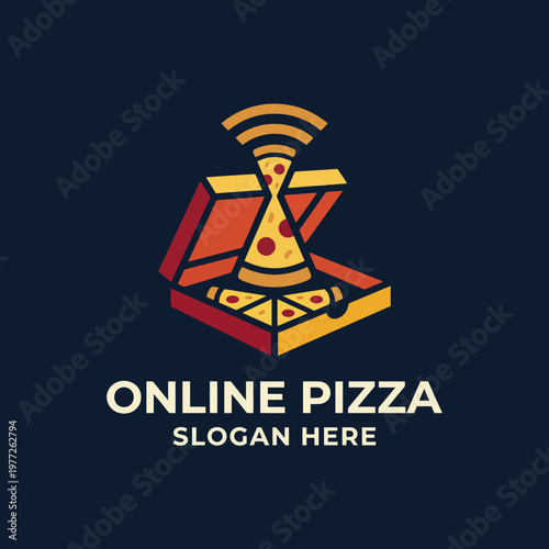 A fun and engaging logo design showcasing an open pizza box with a slice, representing convenience and enjoyment, ideal for takeaway or delivery pizza brands seeking a memorable identity.