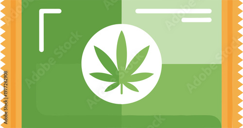 Flat minimalist illustration of a cannabis edibles product package featuring a marijuana leaf symbol, perfect for CBD branding, legal dispensaries, and medical herb concepts.