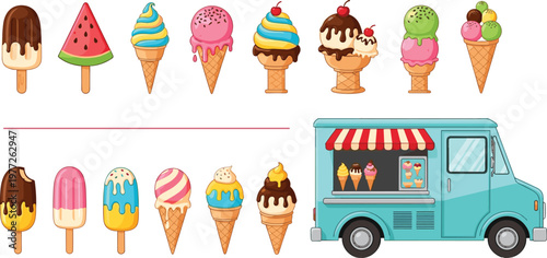 Ice cream and popsicle collection with food truck, colorful summer dessert illustration set, sweet frozen treats for kids menu, street food, vacation and fun design themes