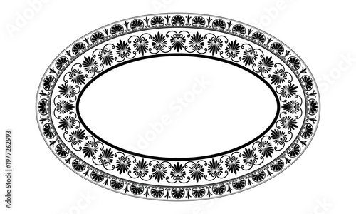 Black white oval frame palmette, acanthus leaf motifs, perfect for elegant design, invitation, border, stencil, engraving, embroidery, porcelain, Mediterranean ceramic, ceramic plate. Vintage border.