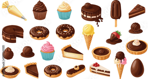 Chocolate Dessert Illustration Set with Cakes Donuts Cupcakes Ice Cream and Sweet Pastry Treats for Bakery Food Design Collection
