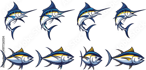 Marlin and tuna fish illustration set, detailed ocean seafood collection with sport fishing species, marine wildlife design for fishing, nautical themes and aquatic branding