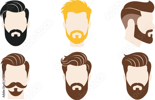 Men hairstyle and beard styles collection with modern haircuts mustache and grooming variations in flat vector style, male fashion icons isolated on white background