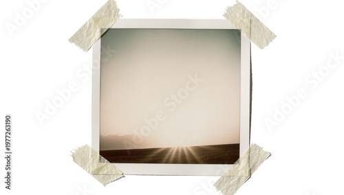Canvastavla Retro instant photo of a sunset over a field, taped on transparent background