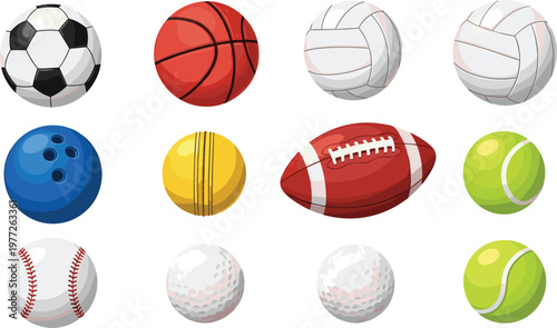 Sports Ball Illustration Set with Football Basketball Tennis Volleyball Baseball and Golf Balls for Game Equipment Design Collection